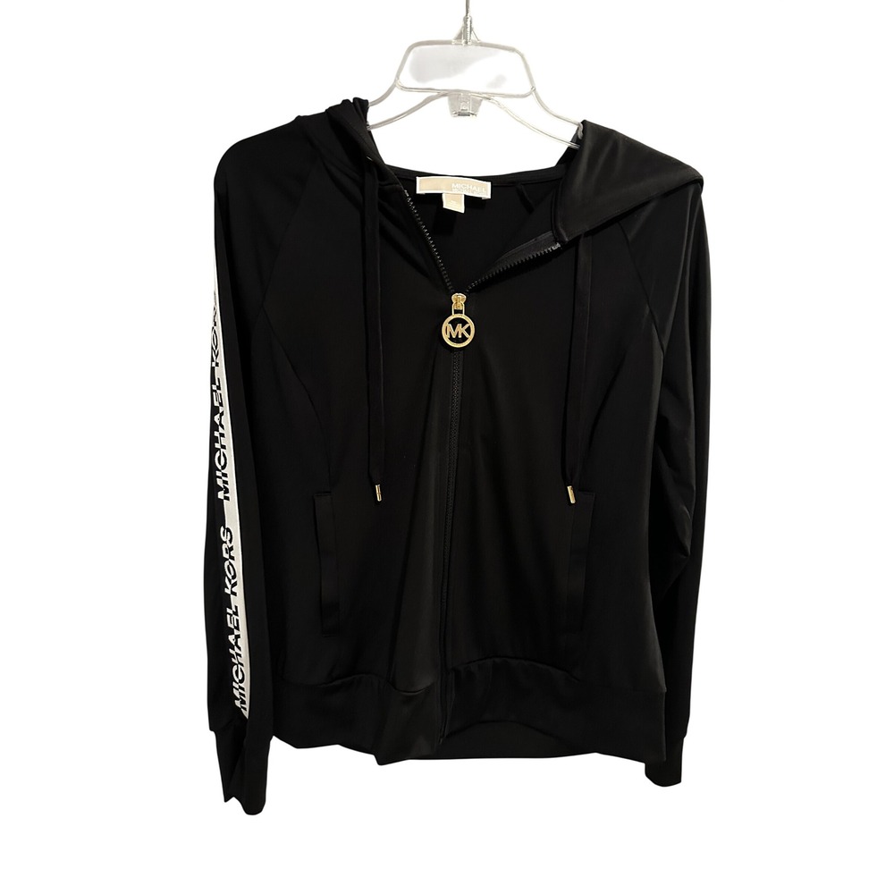 Michael Kors Mens Black Logo Tape Zip Up Hoodie Jacket Gold MK Zipper Size M‎